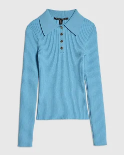 Blue Knitted Long Sleeve Polo Top