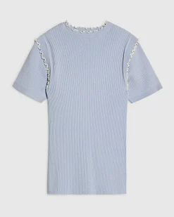 Blue Knitted Short Sleeve Frill Top