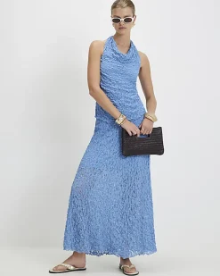 Blue Lace Halter Neck Cowl Neck Top