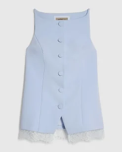 Blue Lace Trim High Neck Waistcoat