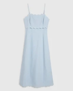 Blue Linen Blend Scallop Trim Midi Dress