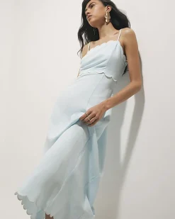 Blue Linen Blend Scallop Trim Midi Dress