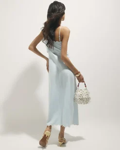 Blue Linen Blend Scallop Trim Midi Dress