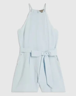 Blue Linen Blend Scallop Trim Playsuit