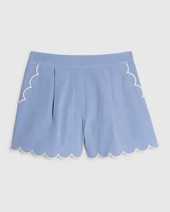 Blue Linen Blend Scallop Trim Shorts