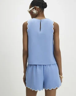 Blue Linen Blend Scallop Trim Tank Top