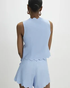 Blue Linen Blend Scallop Trim Shorts