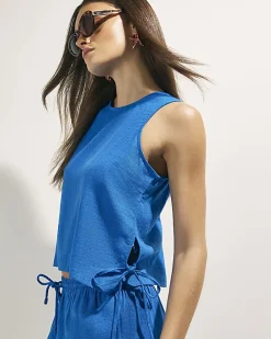 Blue Linen Blend Sleeveless Tank Top