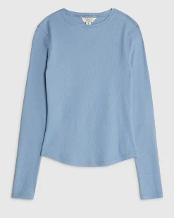 Blue Long Sleeve Ribbed Crew Neck Top