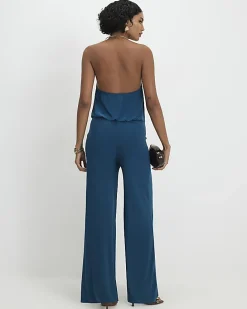 Blue Metal Trim Cowl Neck Jumpsuit