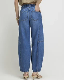 Blue Mid Rise Barrel Leg Jeans