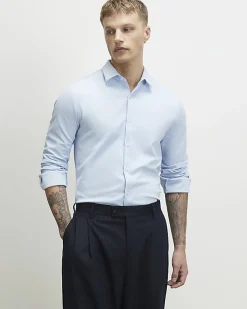 Blue Muscle Fit Pique Long Sleeve Shirt
