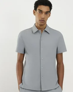 Blue Muscle Fit Stretch Ribbed Shirt
