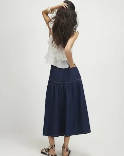 Blue Panelled Denim Midi Skirt