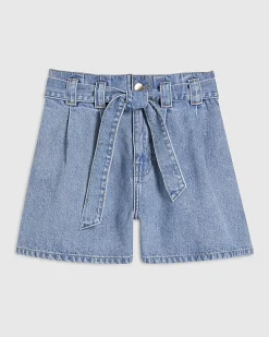 Blue Paperbag Tie Waist Denim Shorts