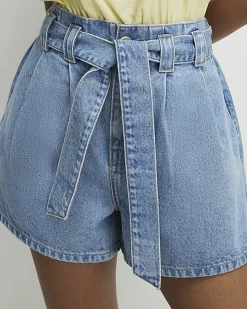 Blue Paperbag Tie Waist Denim Shorts