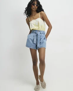 Blue Paperbag Tie Waist Denim Shorts