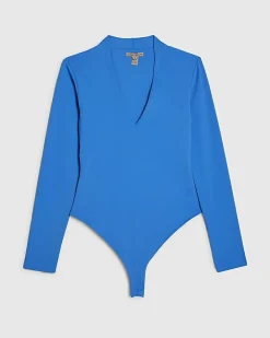 Blue Plunge Neckline Long Sleeve Bodysuit