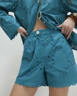 Blue Poplin Broderie Shorts