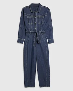 Blue Premium Belted Barrel Leg Denim Jumpsuit