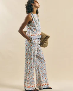 Blue Printed Linen Blend Trousers