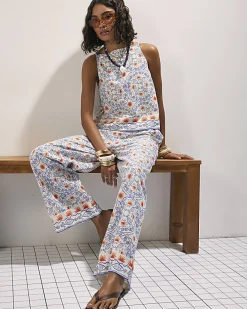 Blue Printed Linen Blend Trousers