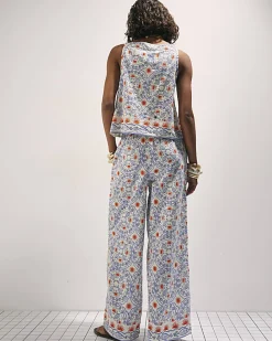 Blue Printed Linen Blend Trousers