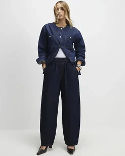 Blue Pull On Barrel Leg Jeans