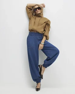 Blue Pull On Elasticated Cuffed Denim Joggers