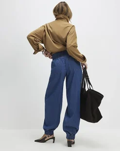 Blue Pull On Elasticated Cuffed Denim Joggers