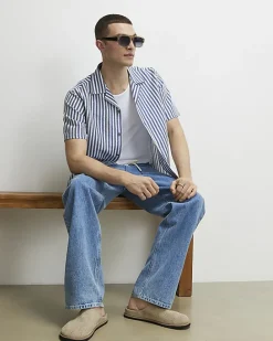 Blue Regular Fit Crochet Stripe Shirt