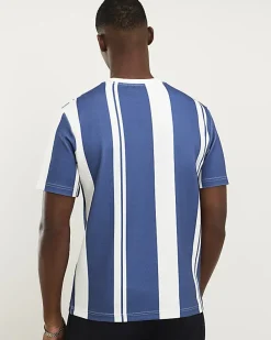 Blue Regular Fit Stripe Textured T-Shirt