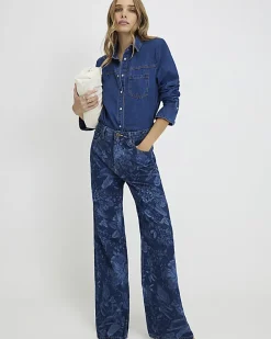 Blue Relaxed Straight Floral Print Jeans