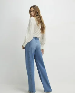 Blue Relaxed Straight Scallop Seam Jeans