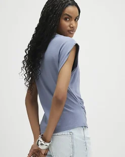 Blue Ruched Side Grown On Sleeve T-shirt