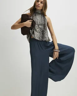 Blue Satin Elasticated Flowing Trousers