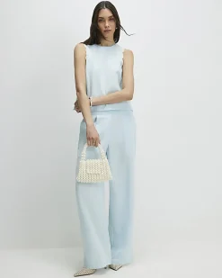 Blue Scallop Trim Wide Leg Trousers