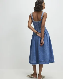 Blue Seamed Midi Denim Swing Dress