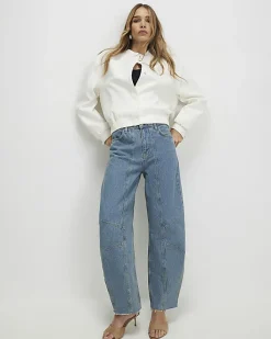 Blue Seamed Raw Hem Barrel Leg Jeans