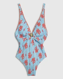 Blue Shirred Palm Print Swimsuit