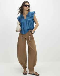Blue Shirred Tie Neck Top