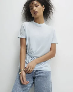 Blue Short Sleeve Burnout Twist Front T-shirt