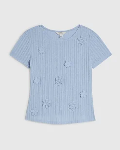 Blue Short Sleeve 3D Flower Trim Top