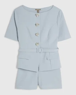 Blue Short Sleeve Diamante Button Playsuit