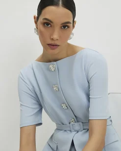 Blue Short Sleeve Diamante Button Playsuit