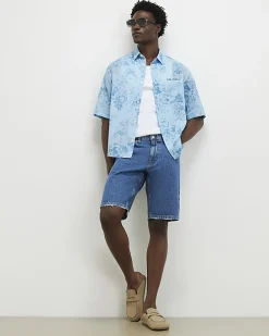 Blue Short Sleeve Floral Printed Shirt