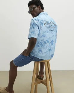 Blue Short Sleeve Floral Printed Shirt