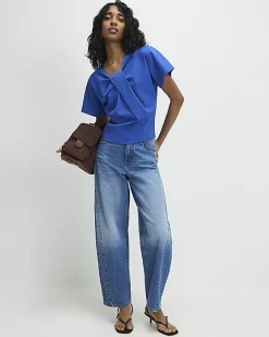 Blue Short Sleeve Twist Front Top