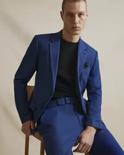 Blue Skinny Fit Stretch Textured Suit Jacket