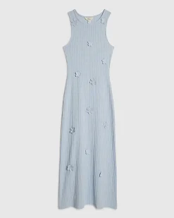 Blue Sleeveless 3D Flower Trim Midi Dress